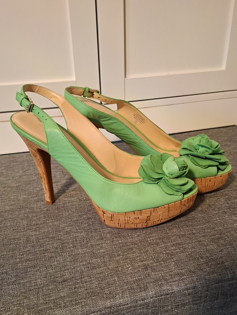 Nine West Green Floral Slingback Cork Platform Heels